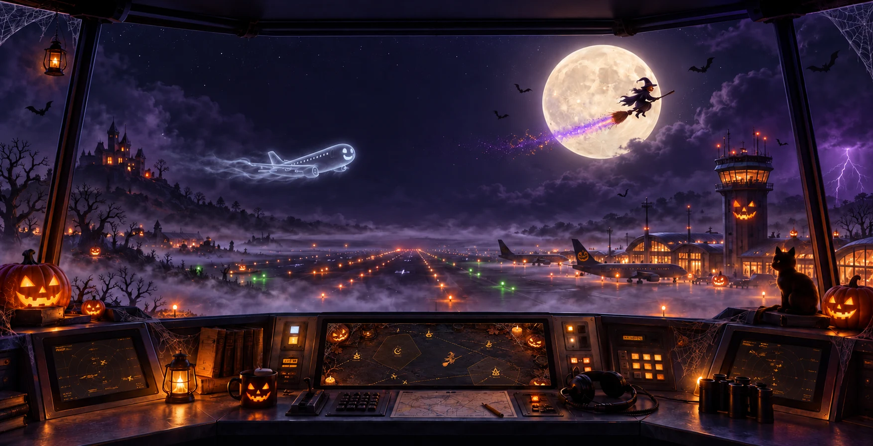 A haunted control room overlooking a moonlit runway, a ghost plane and a witch in flight